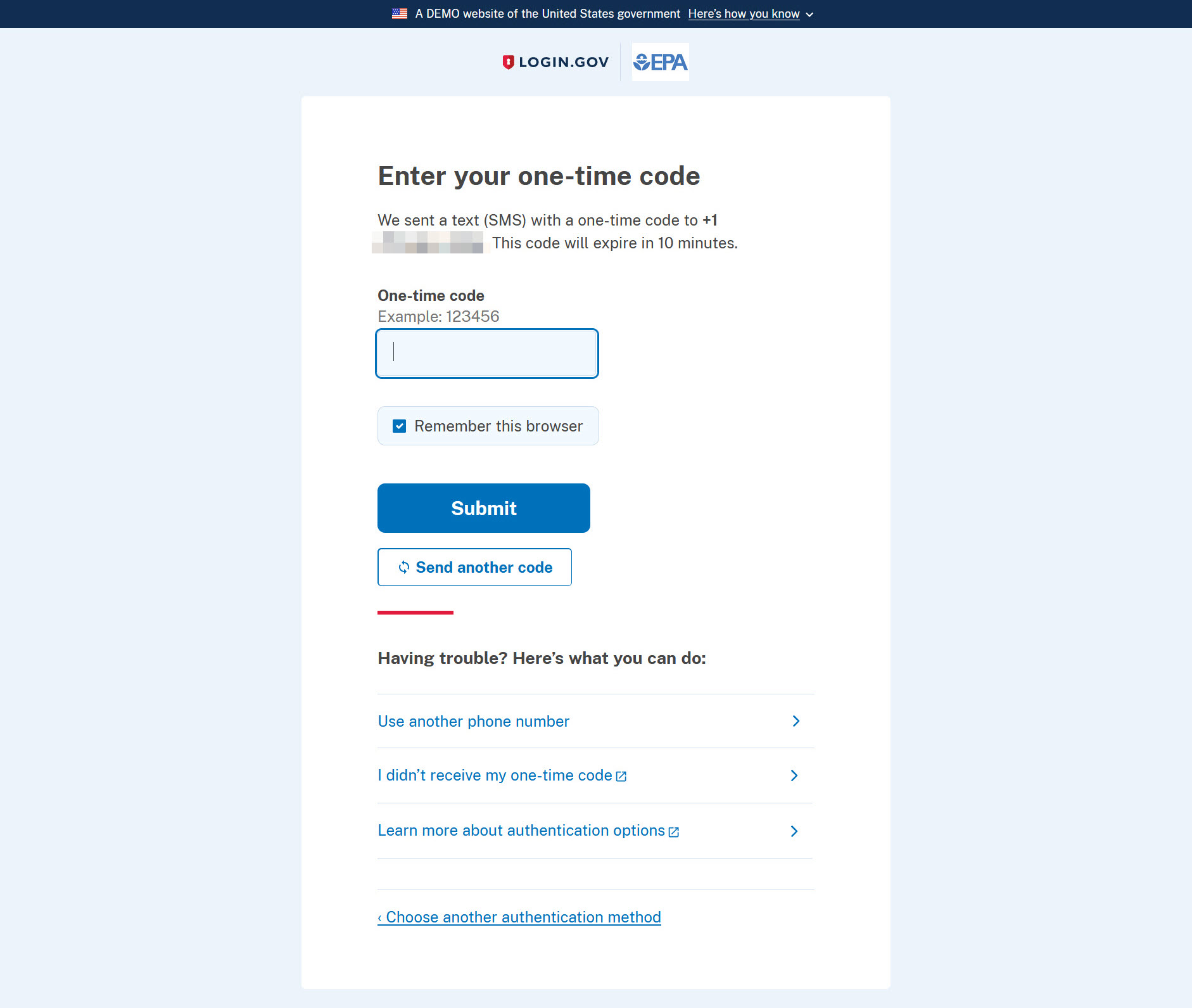 Login.gov - enter one time code